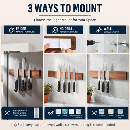 Magnetic Knife Holder for Wall, 16 Inch Acacia Wood Knife Strip, 4 Hooks