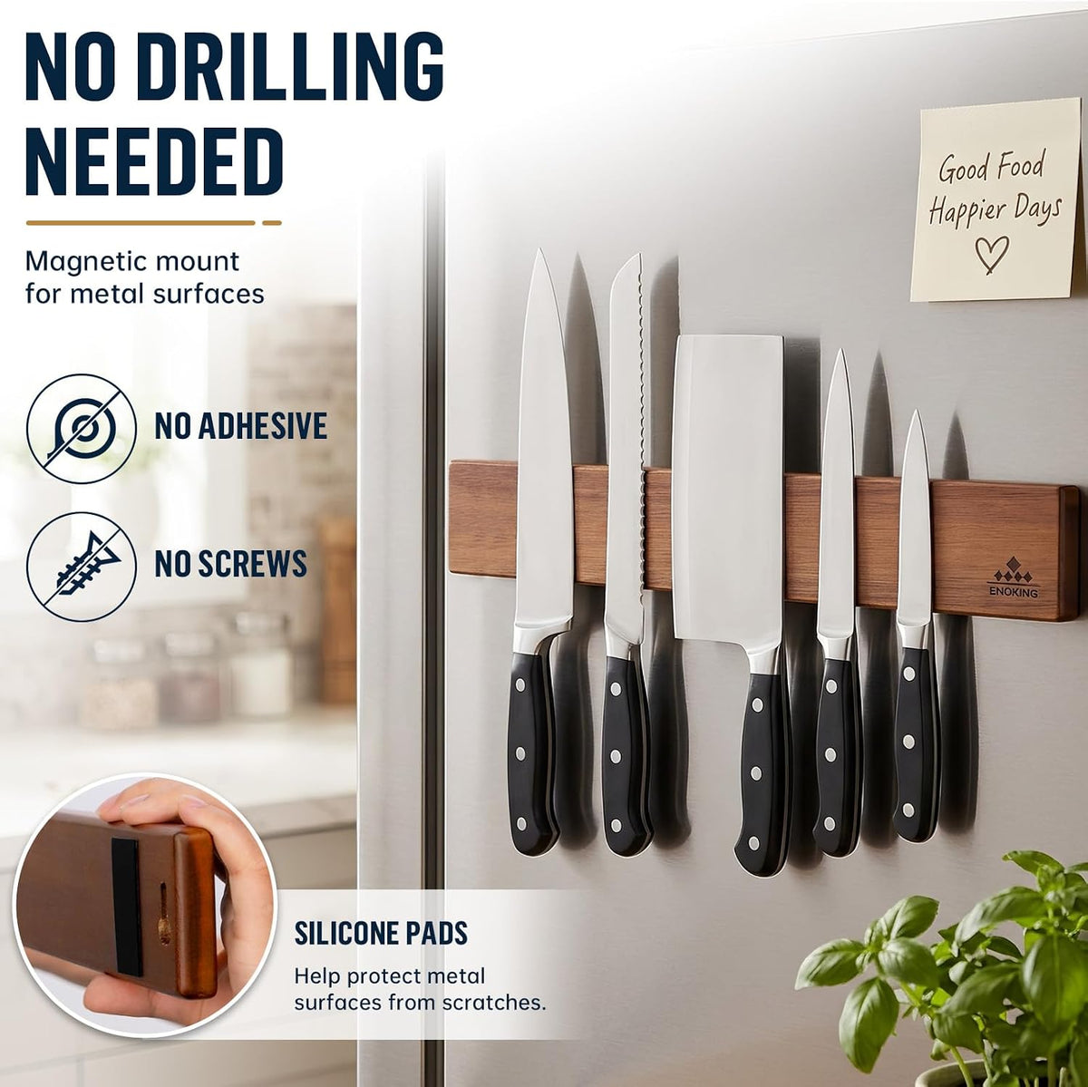 Magnetic Knife Holder for Wall, 16 Inch Acacia Wood Knife Strip, 4 Hooks