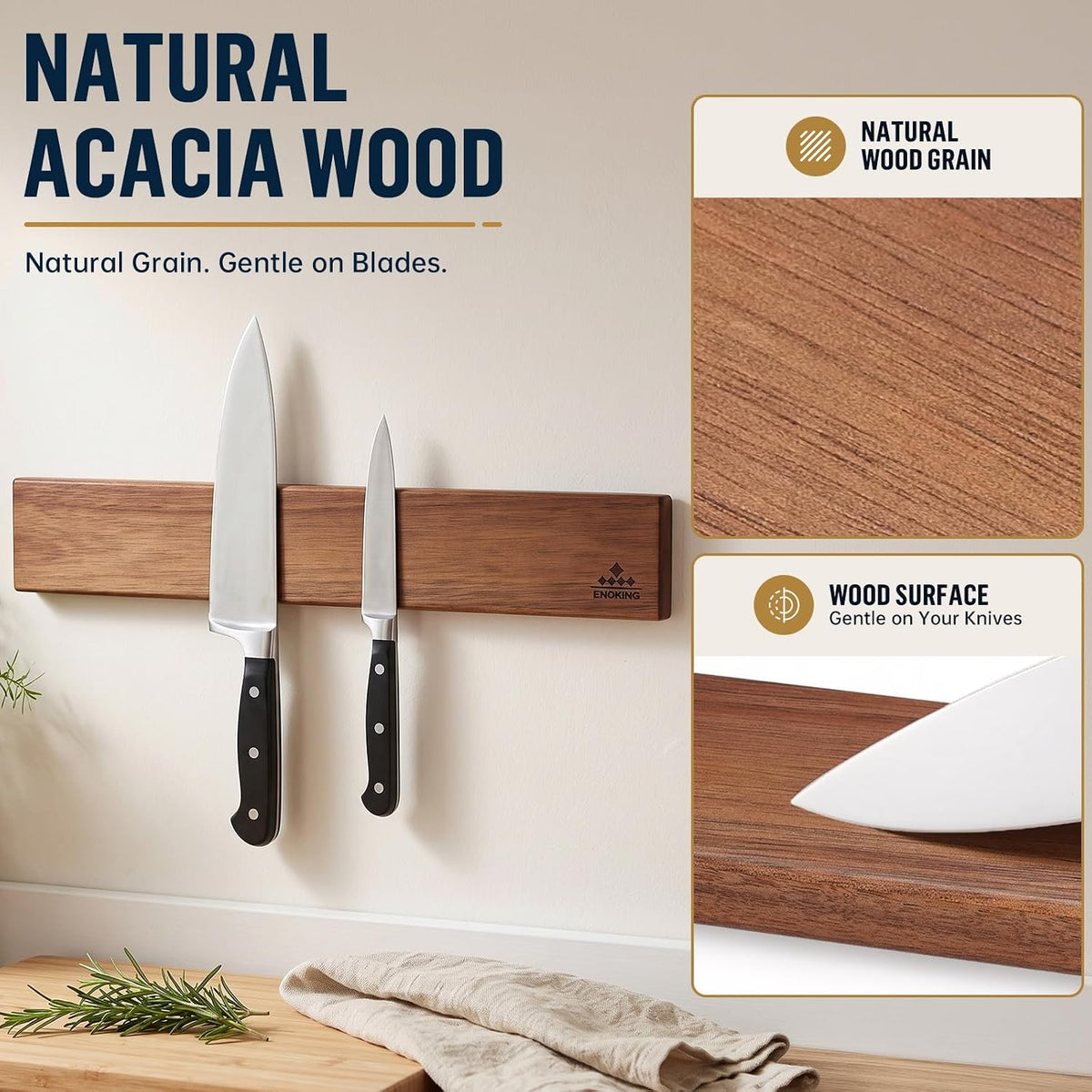 Magnetic Knife Holder for Wall, 16 Inch Acacia Wood Knife Strip, 4 Hooks