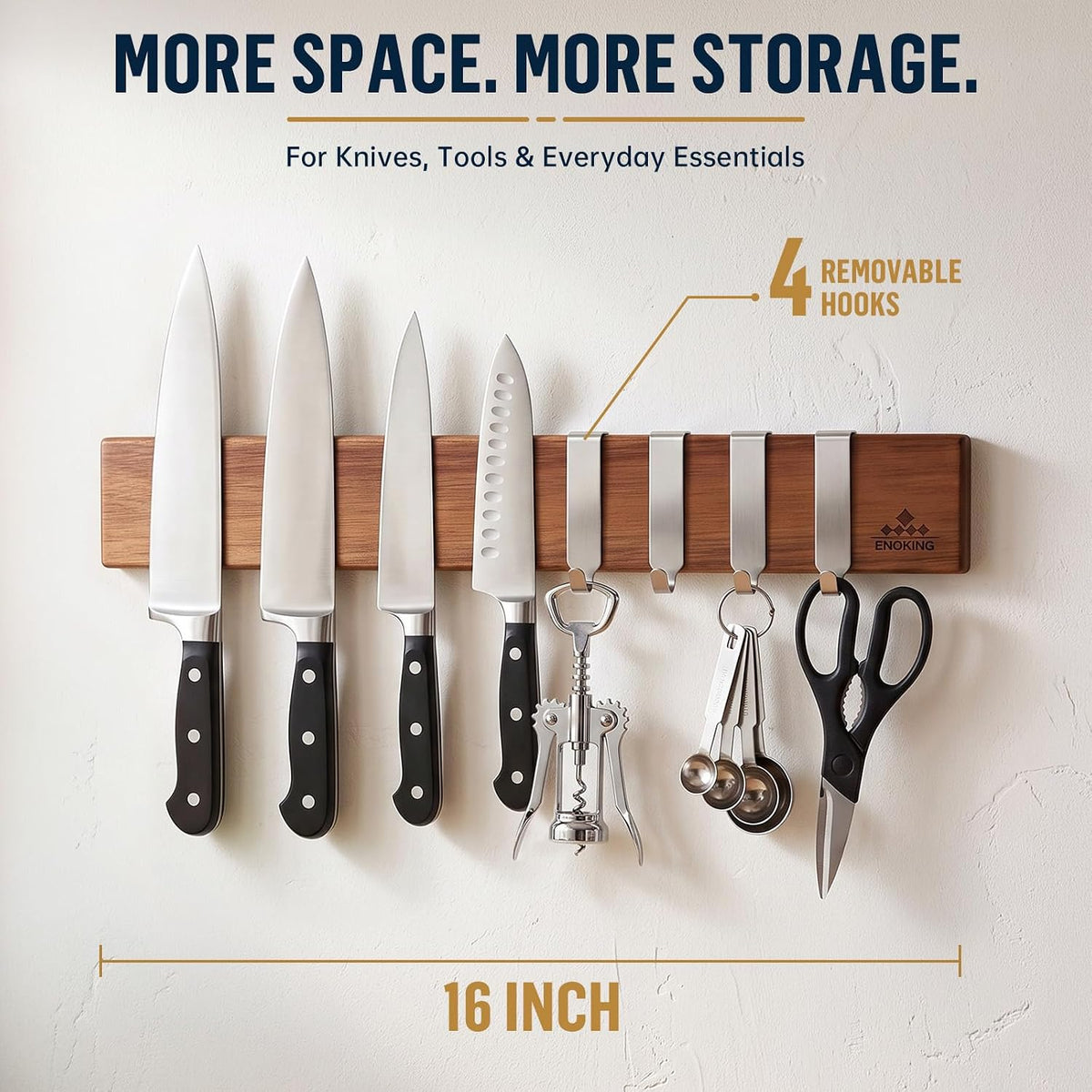 Magnetic Knife Holder for Wall, 16 Inch Acacia Wood Knife Strip, 4 Hooks