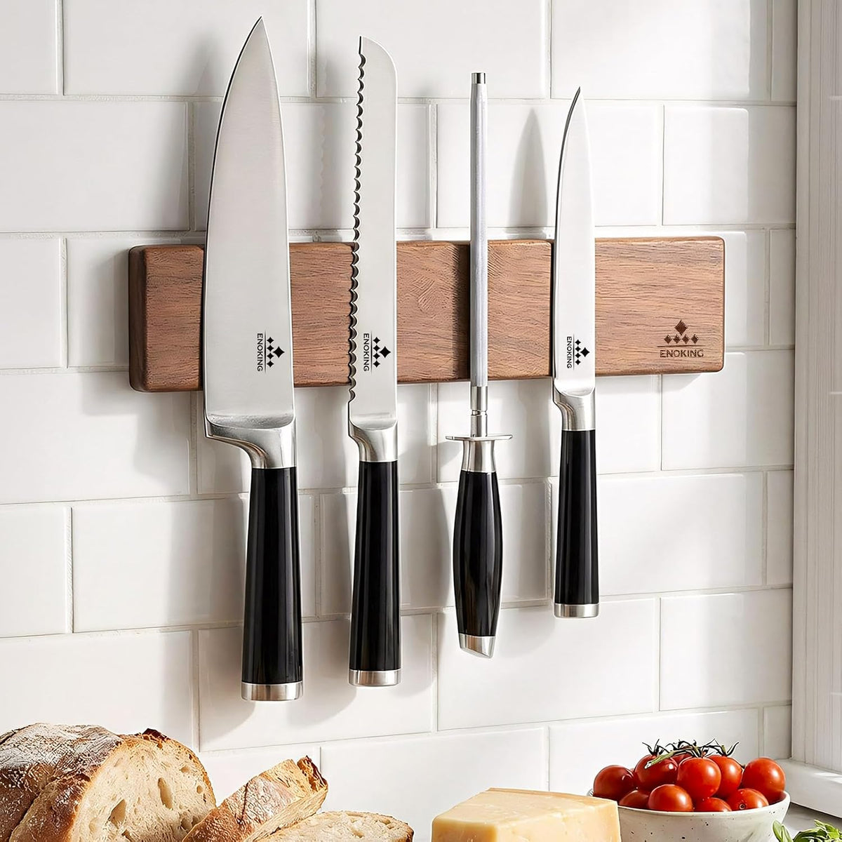 Magnetic Knife Holder for Wall, 16 Inch Acacia Wood Knife Strip, 4 Hooks