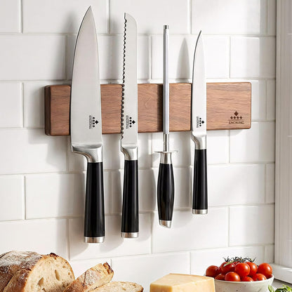 Magnetic Knife Holder for Wall, 16 Inch Acacia Wood Knife Strip, 4 Hooks
