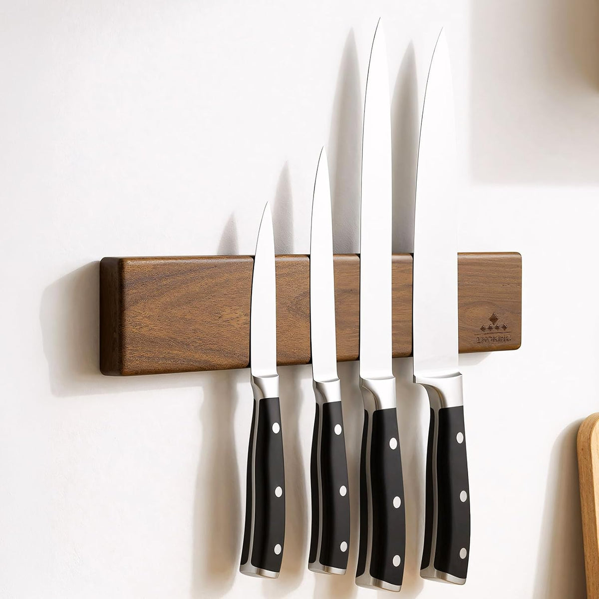 Magnetic Knife Holder for Wall, 16 Inch Acacia Wood Knife Strip, 4 Hooks