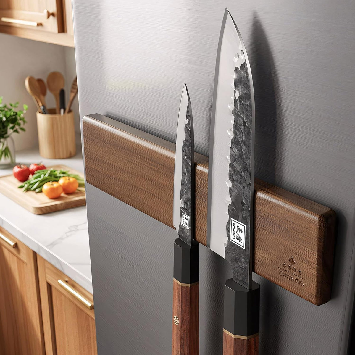 Magnetic Knife Holder for Wall, 16 Inch Acacia Wood Knife Strip, 4 Hooks