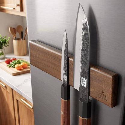 Magnetic Knife Holder for Wall, 16 Inch Acacia Wood Knife Strip, 4 Hooks