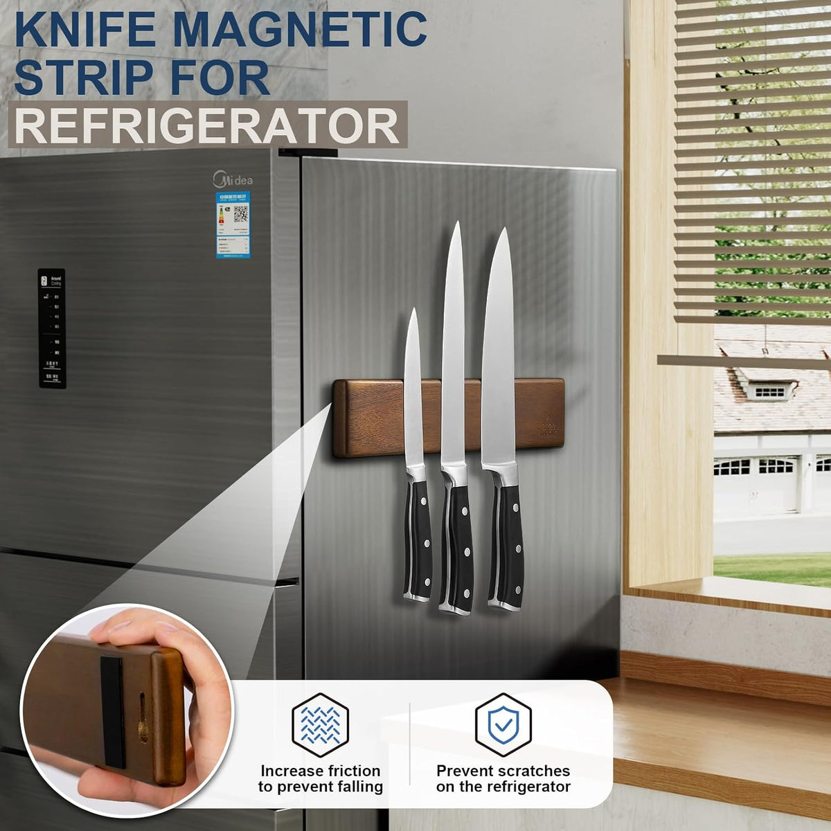 Magnetic Knife Holder for Wall, 16 Inch Acacia Wood Knife Strip, 4 Hooks