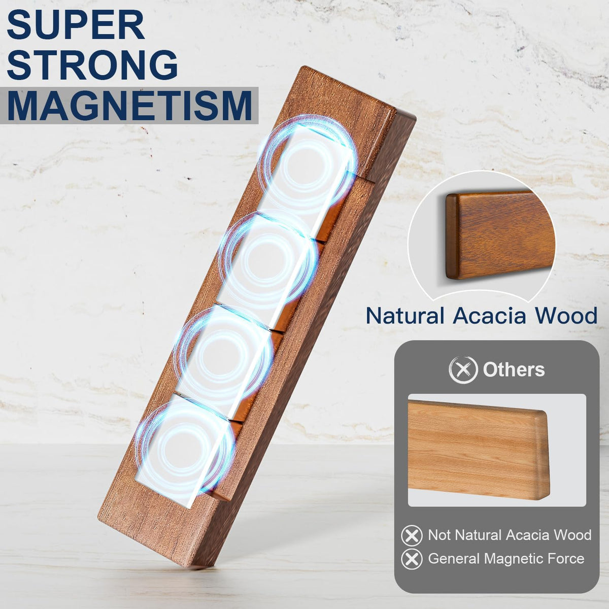 Magnetic Knife Holder for Wall, 16 Inch Acacia Wood Knife Strip, 4 Hooks