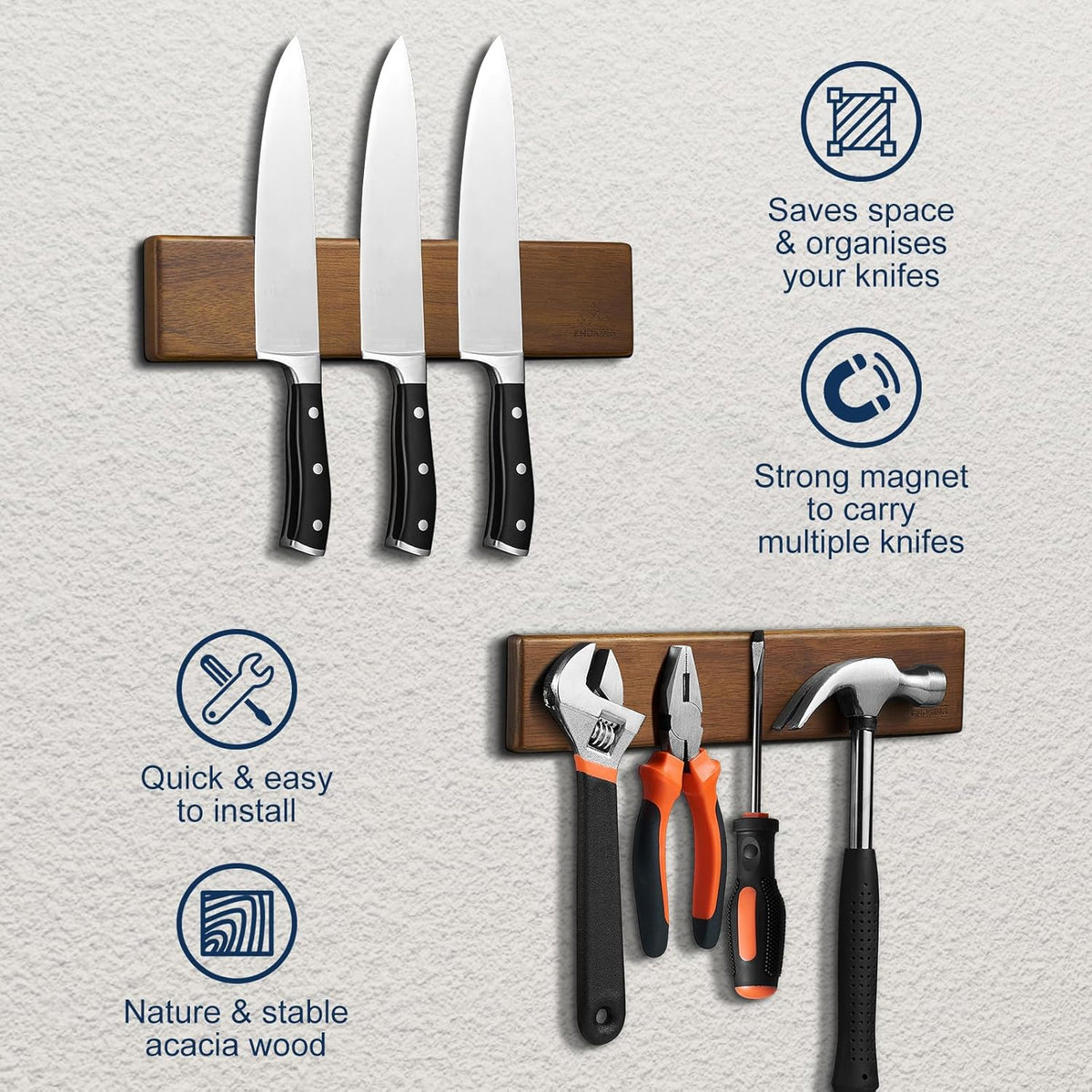 Magnetic Knife Holder for Wall, 16 Inch Acacia Wood Knife Strip, 4 Hooks