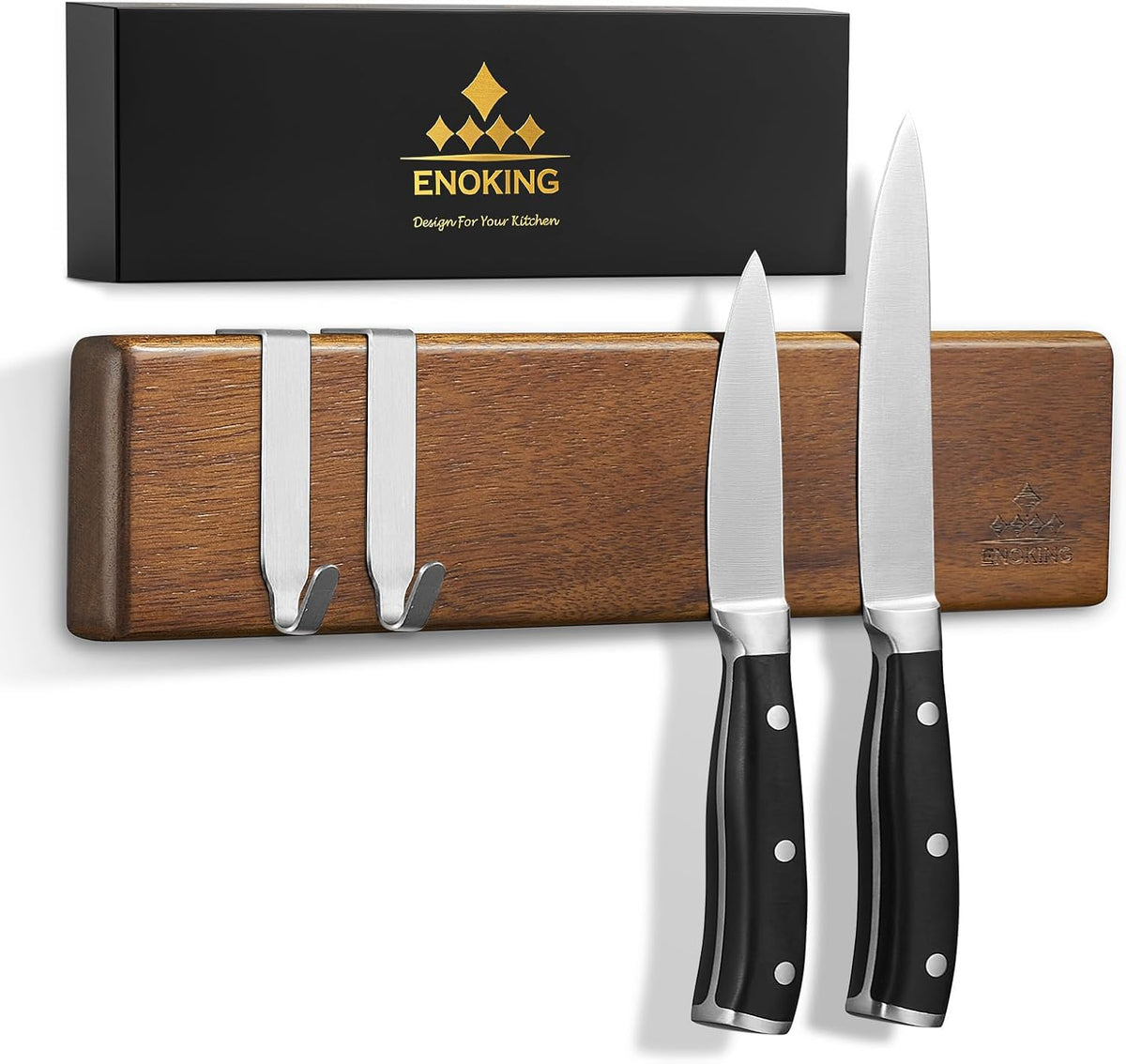 Magnetic Knife Holder for Wall, 16 Inch Acacia Wood Knife Strip, 4 Hooks