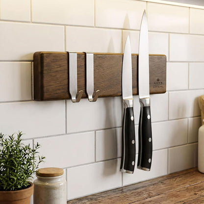 Magnetic Knife Holder for Wall, 16 Inch Acacia Wood Knife Strip, 4 Hooks