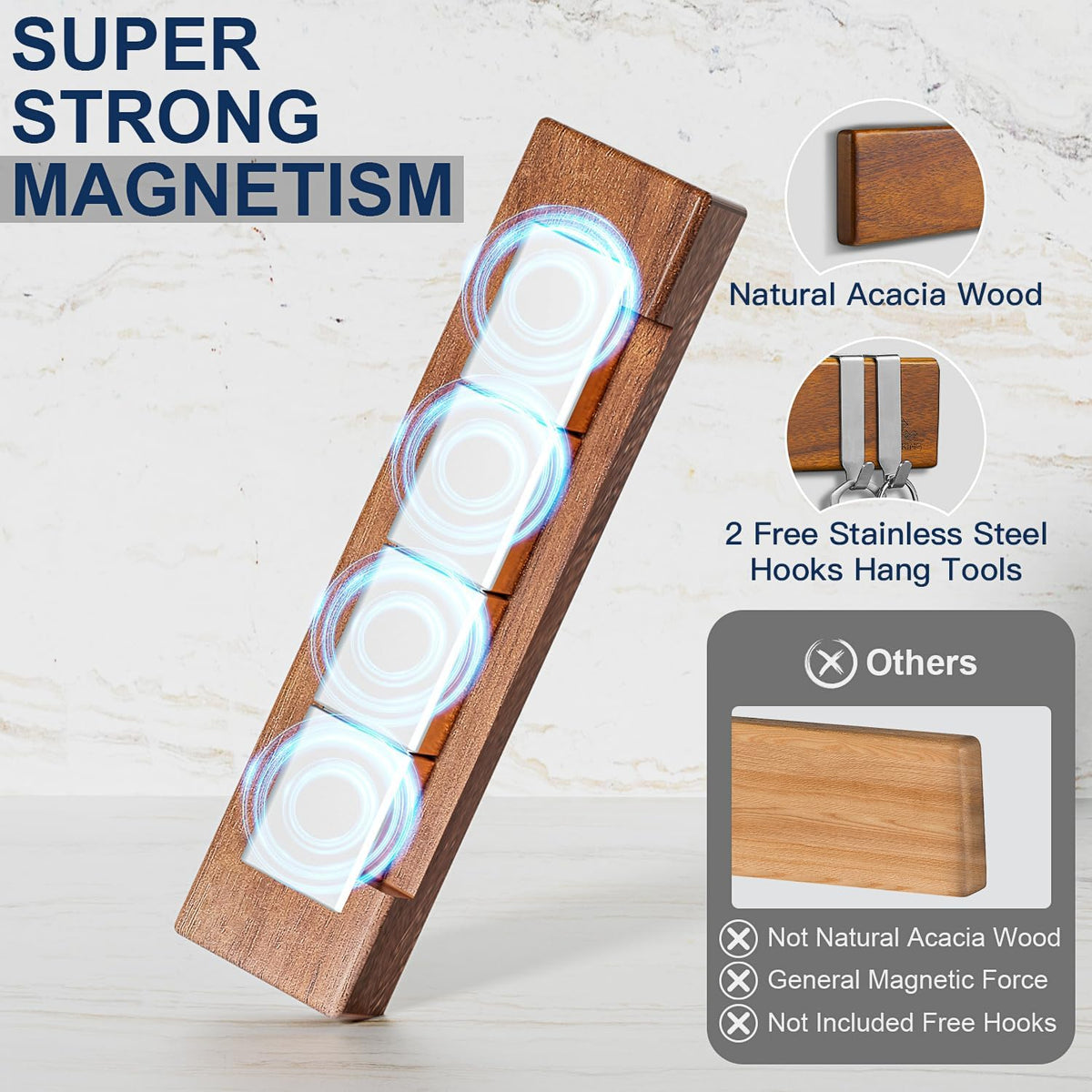 Magnetic Knife Holder for Wall, 16 Inch Acacia Wood Knife Strip, 4 Hooks