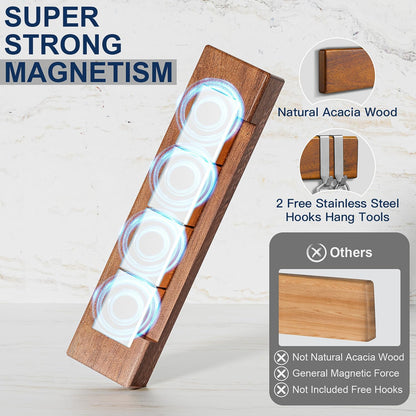 Magnetic Knife Holder for Wall, 16 Inch Acacia Wood Knife Strip, 4 Hooks