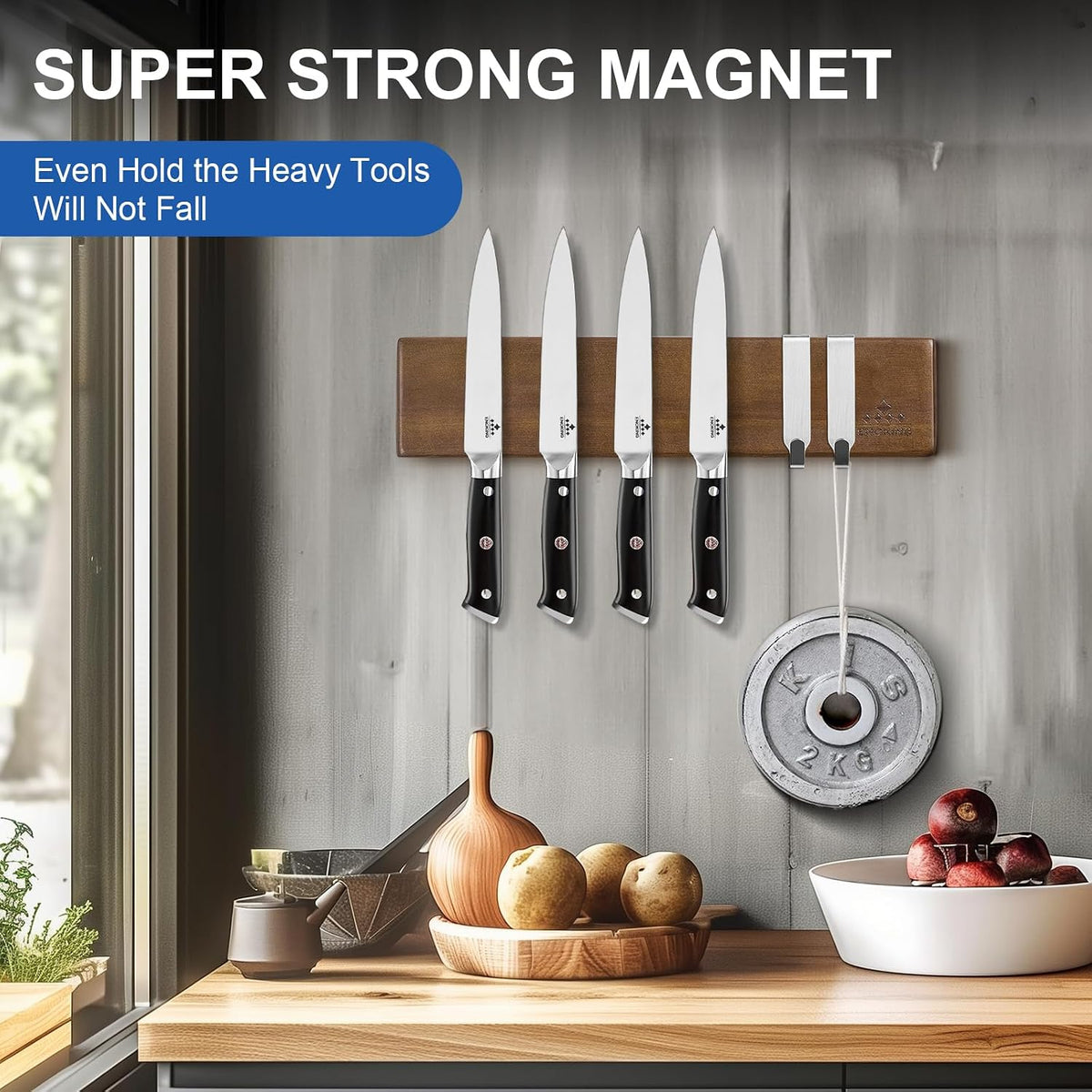 Magnetic Knife Holder for Wall, 16 Inch Acacia Wood Knife Strip, 4 Hooks