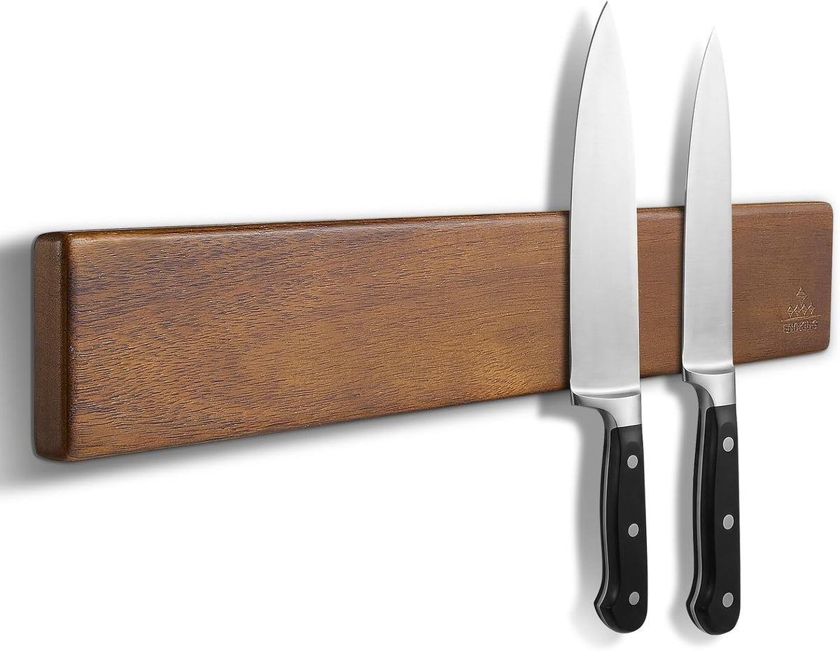 Magnetic Knife Holder for Wall, 16 Inch Acacia Wood Knife Strip, 4 Hooks