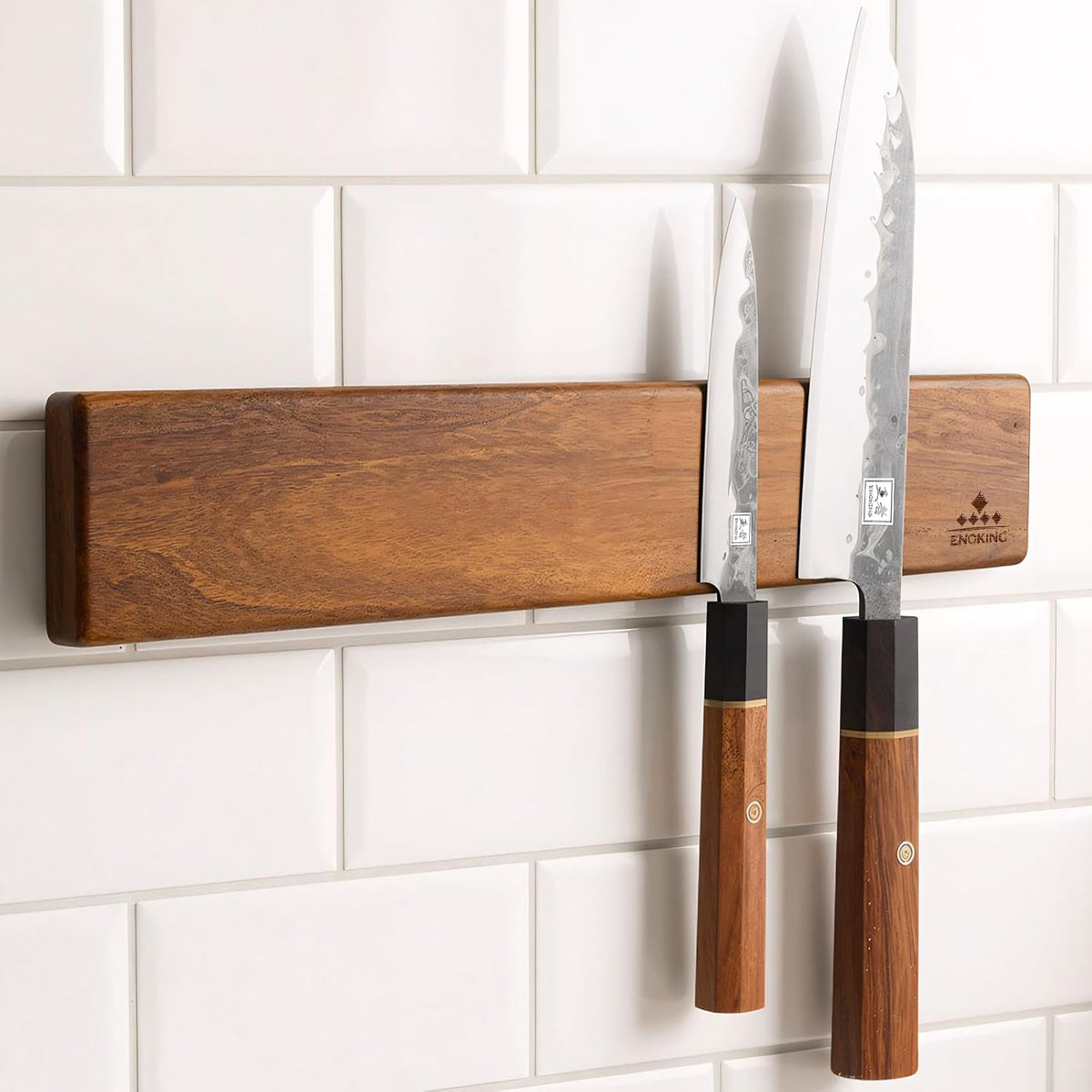 Magnetic Knife Holder for Wall, 16 Inch Acacia Wood Knife Strip, 4 Hooks