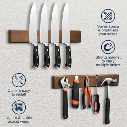 Magnetic Knife Holder for Wall, 16 Inch Acacia Wood Knife Strip, 4 Hooks