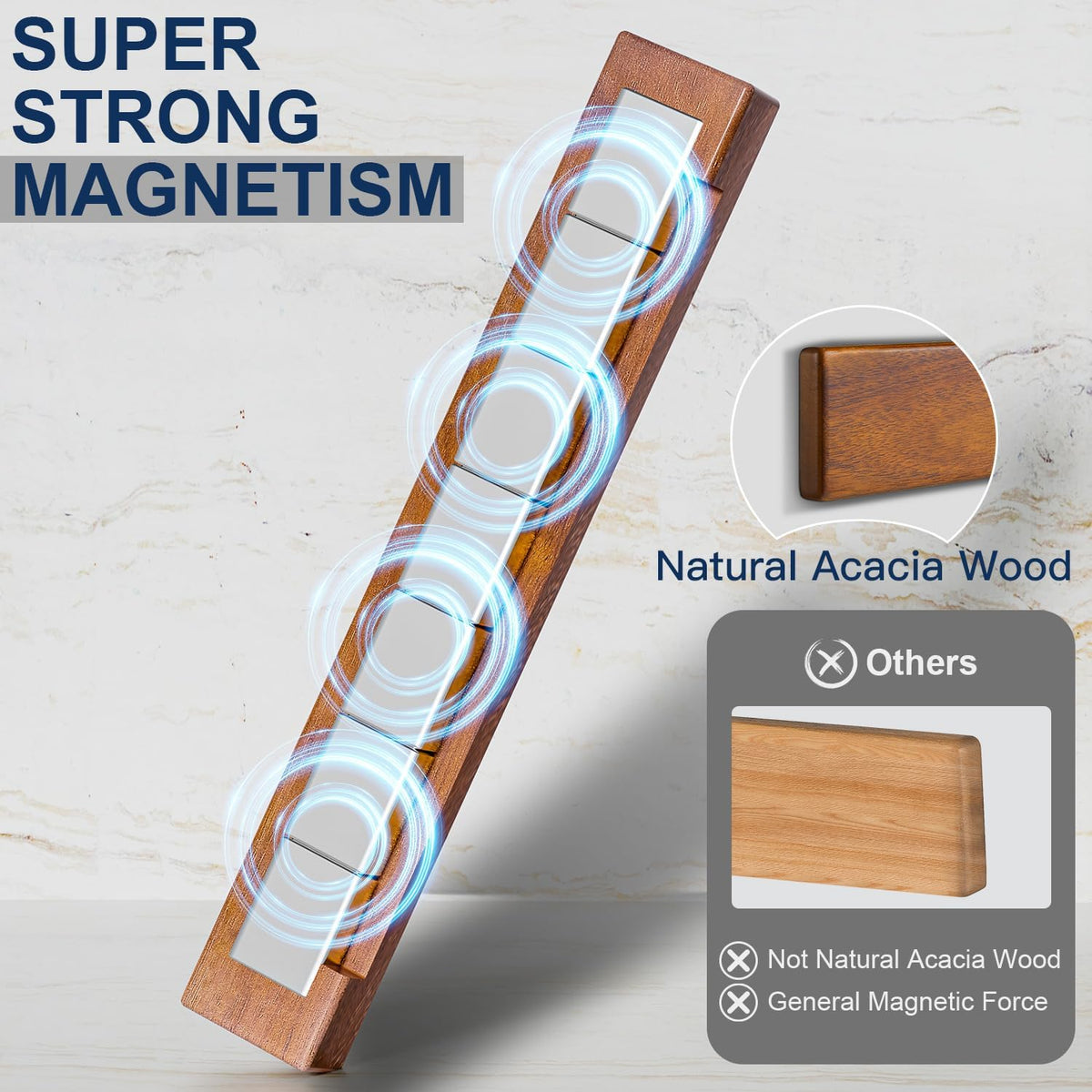 Magnetic Knife Holder for Wall, 16 Inch Acacia Wood Knife Strip, 4 Hooks