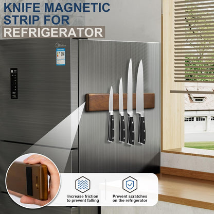 Magnetic Knife Holder for Wall, 16 Inch Acacia Wood Knife Strip, 4 Hooks
