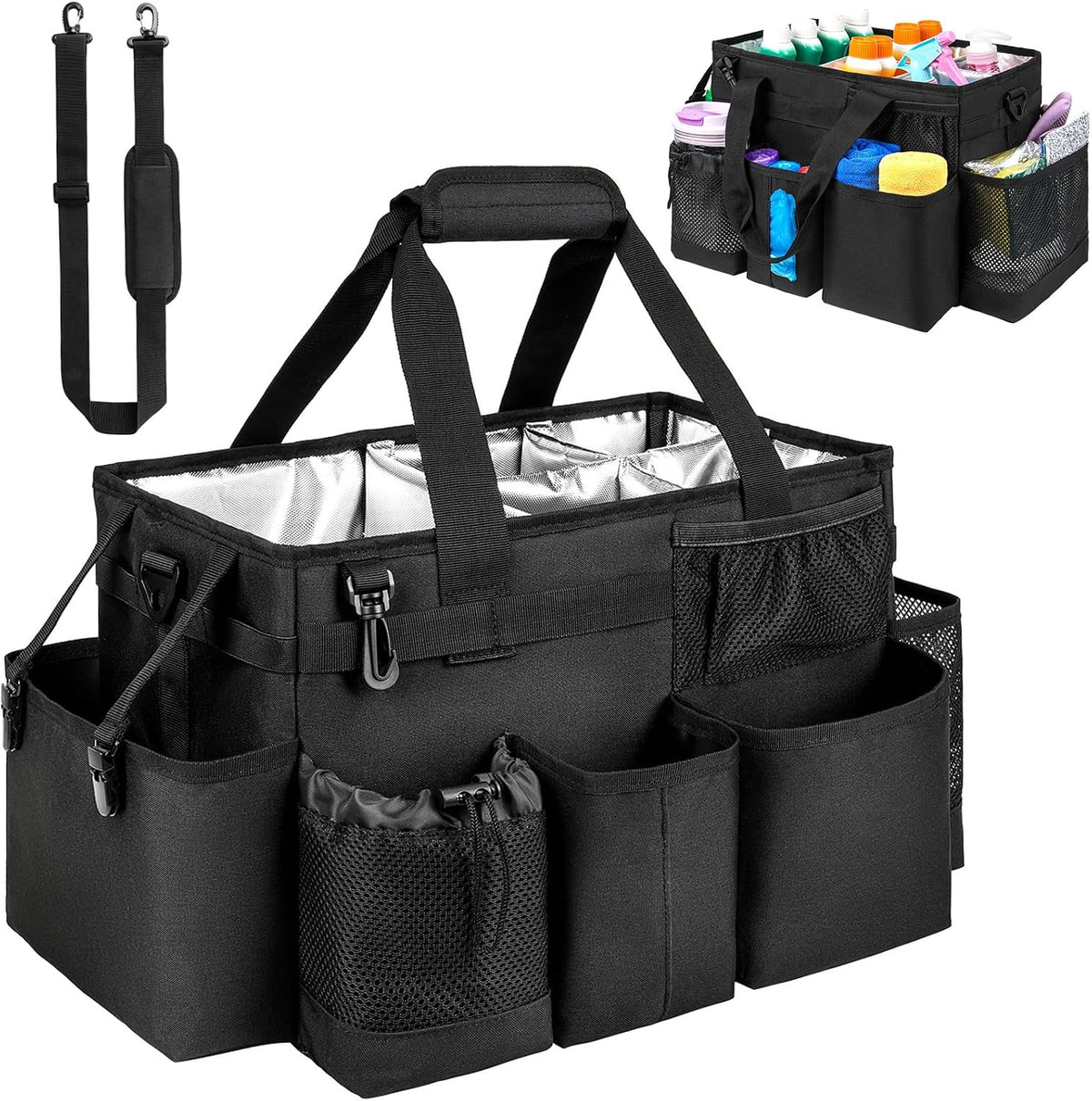 Cleaning Caddy Bag, Large Cleaning Supplies Organizer for Housekeepers, Housekeeping Caddy with Handle and Detachable Padded Cushion, Black