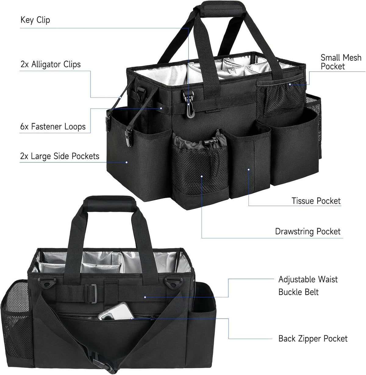 Cleaning Caddy Bag, Large Cleaning Supplies Organizer for Housekeepers, Housekeeping Caddy with Handle and Detachable Padded Cushion, Black