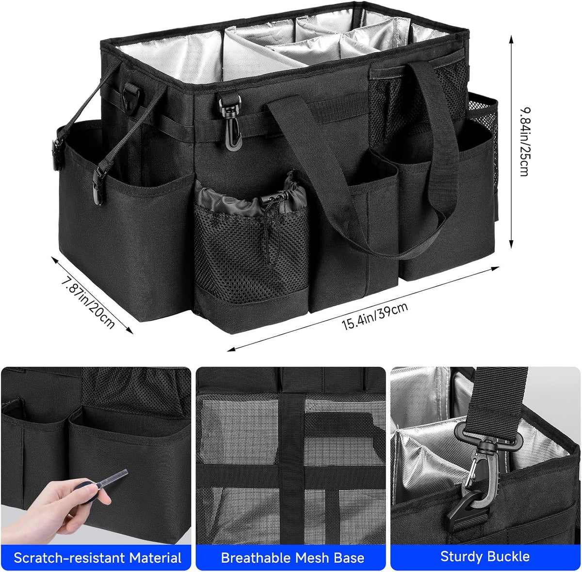 Cleaning Caddy Bag, Large Cleaning Supplies Organizer for Housekeepers, Housekeeping Caddy with Handle and Detachable Padded Cushion, Black