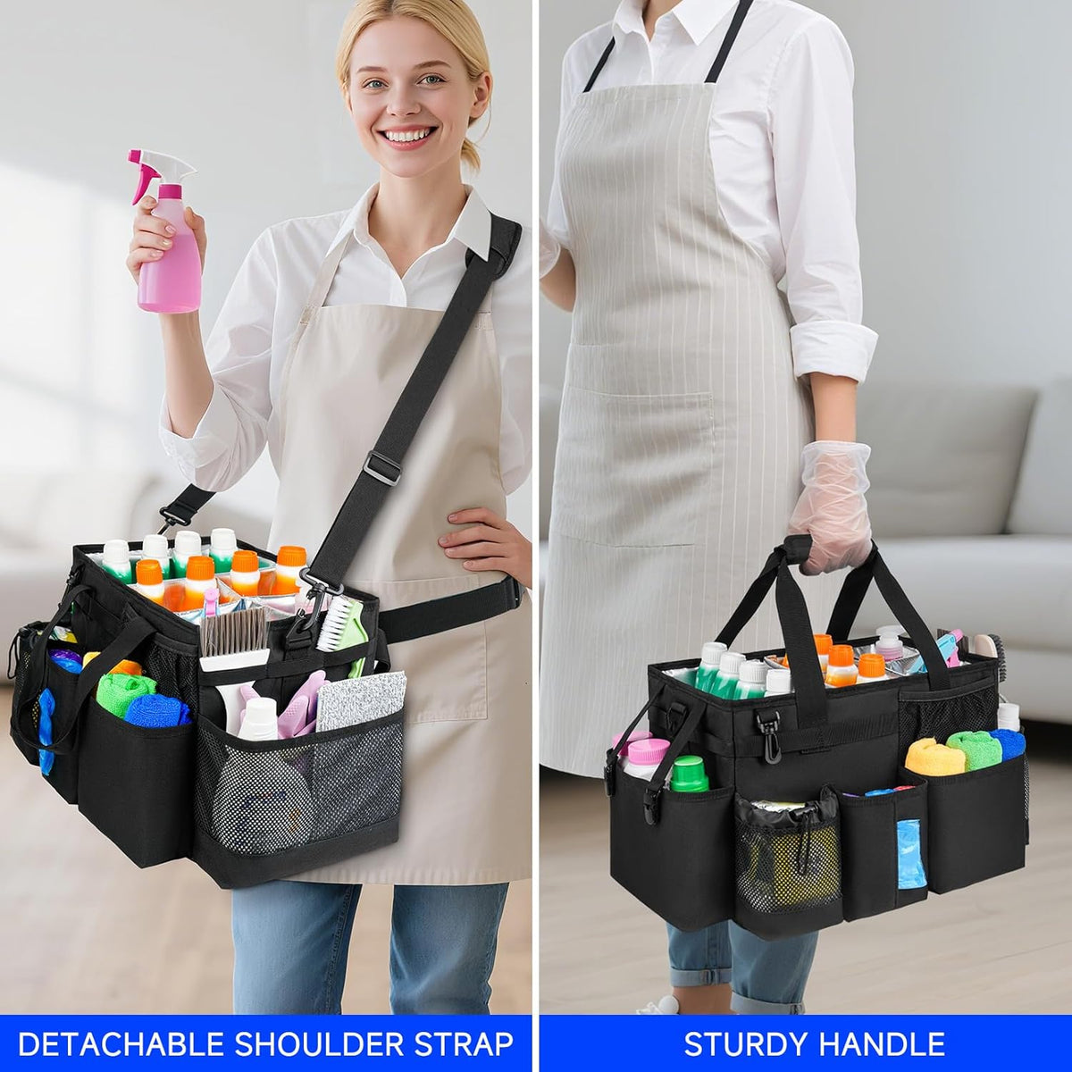 Cleaning Caddy Bag, Large Cleaning Supplies Organizer for Housekeepers, Housekeeping Caddy with Handle and Detachable Padded Cushion, Black