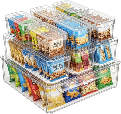 KUMD 10 Pack Food Storage Organizer Bins, Clear Stackable Containers | Organizer bins with lids for food packets, snacks, spice pouches, tea & dry goods. Fits pantry, kitchen cabinet & countertop