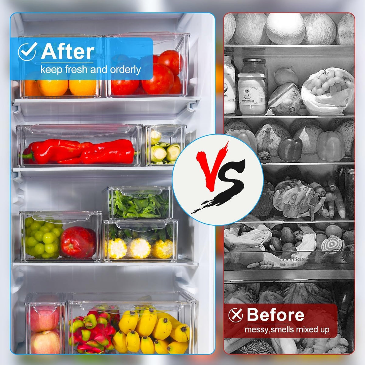 KUMD 10 Pack Food Storage Organizer Bins, Clear Stackable Containers | Organizer bins with lids for food packets, snacks, spice pouches, tea & dry goods. Fits pantry, kitchen cabinet & countertop