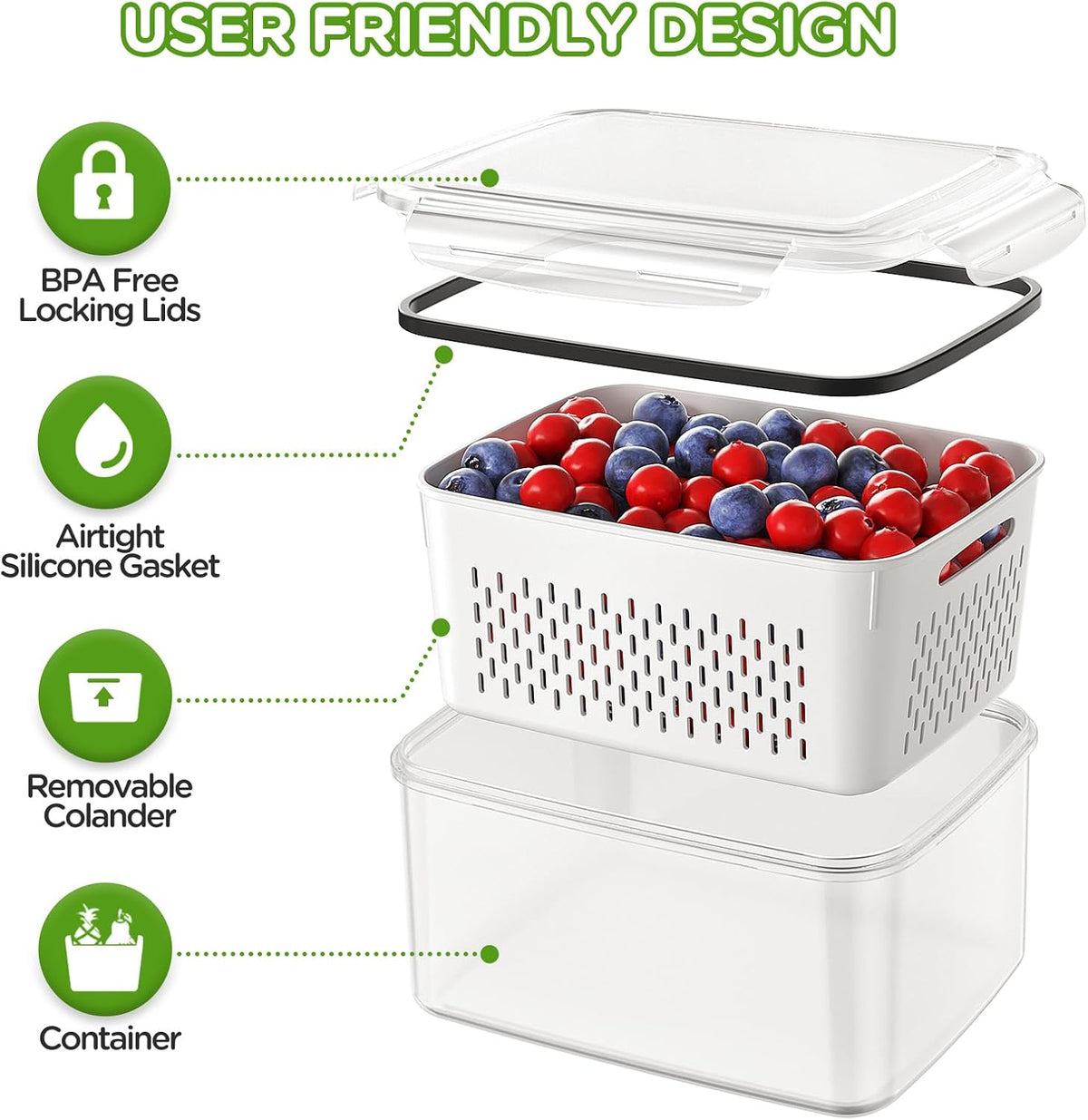 4 PCS Fruit Storage Containers for Fridge, Produce Containers for Fridge with Removable Colander, All-In-One Fruit Washing Bowl with Strainer Microwave/Dishwasher Safe for Salad Berry Lettuce Keeper