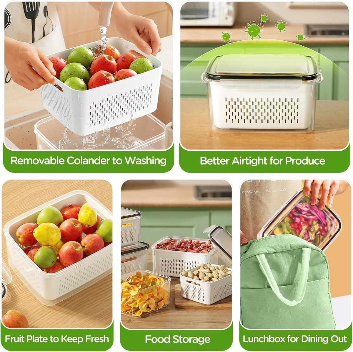 4 PCS Fruit Storage Containers for Fridge, Produce Containers for Fridge with Removable Colander, All-In-One Fruit Washing Bowl with Strainer Microwave/Dishwasher Safe for Salad Berry Lettuce Keeper