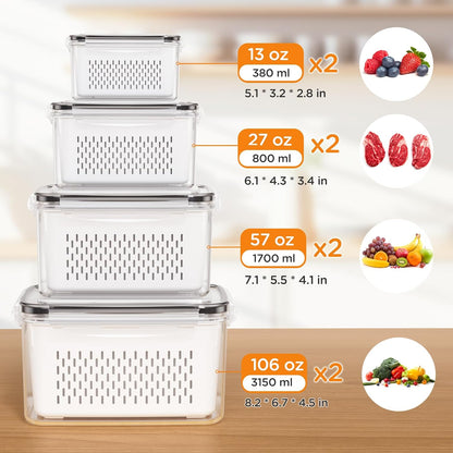 4 PCS Fruit Storage Containers for Fridge, Produce Containers for Fridge with Removable Colander, All-In-One Fruit Washing Bowl with Strainer Microwave/Dishwasher Safe for Salad Berry Lettuce Keeper