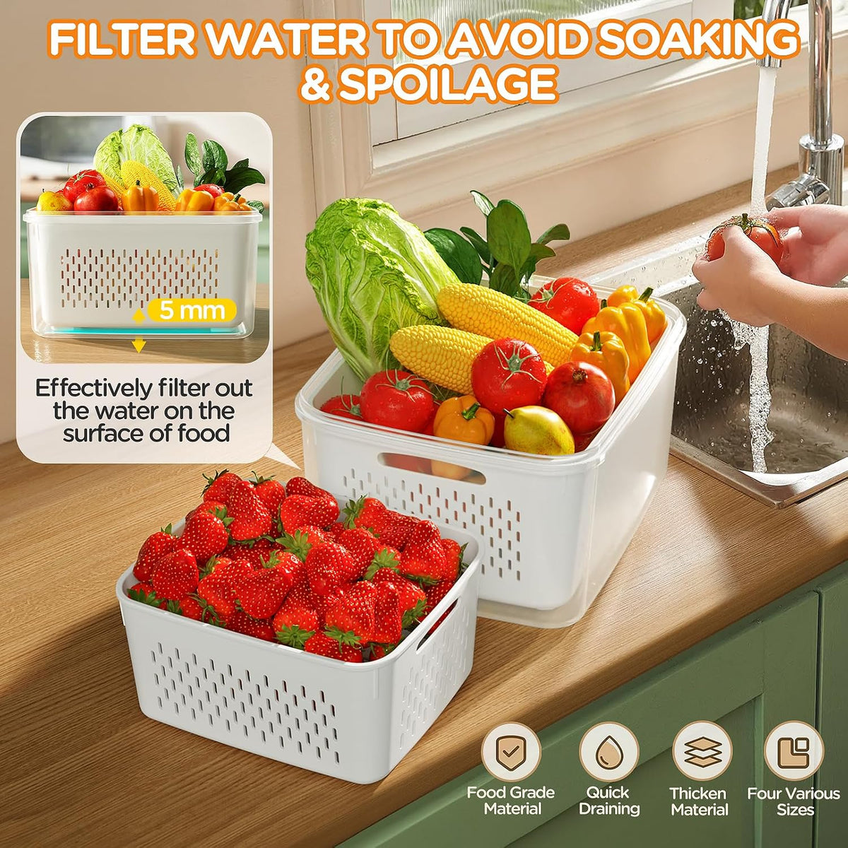 4 PCS Fruit Storage Containers for Fridge, Produce Containers for Fridge with Removable Colander, All-In-One Fruit Washing Bowl with Strainer Microwave/Dishwasher Safe for Salad Berry Lettuce Keeper