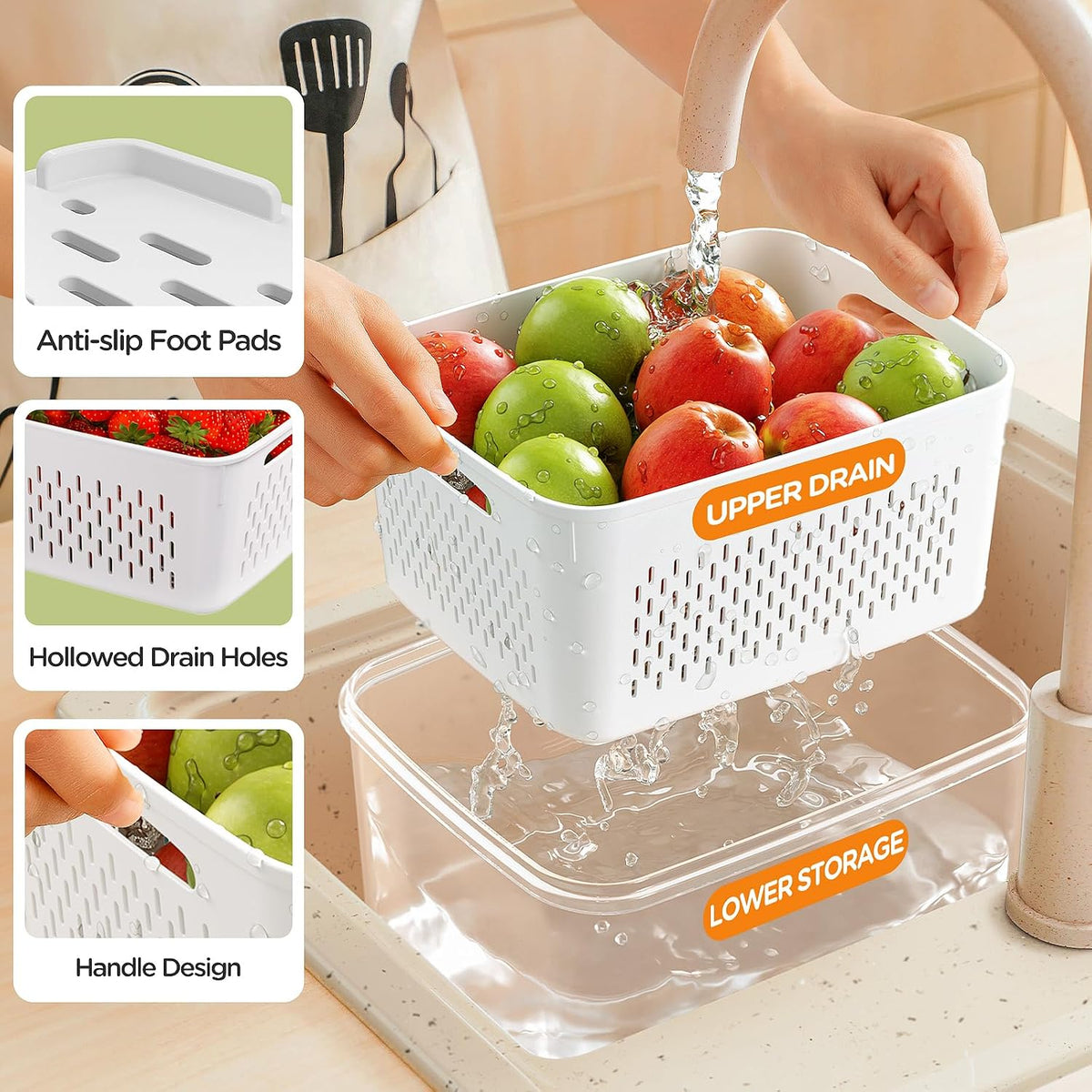 4 PCS Fruit Storage Containers for Fridge, Produce Containers for Fridge with Removable Colander, All-In-One Fruit Washing Bowl with Strainer Microwave/Dishwasher Safe for Salad Berry Lettuce Keeper