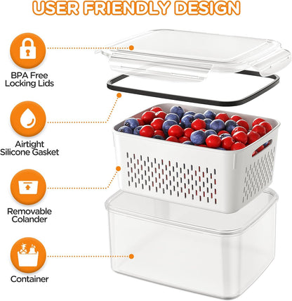 4 PCS Fruit Storage Containers for Fridge, Produce Containers for Fridge with Removable Colander, All-In-One Fruit Washing Bowl with Strainer Microwave/Dishwasher Safe for Salad Berry Lettuce Keeper