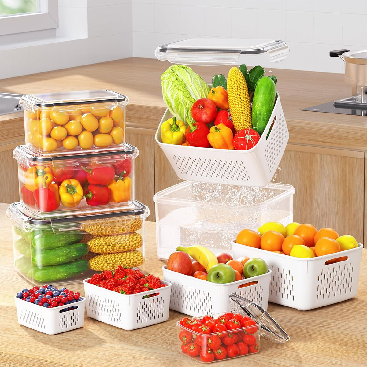 4 PCS Fruit Storage Containers for Fridge, Produce Containers for Fridge with Removable Colander, All-In-One Fruit Washing Bowl with Strainer Microwave/Dishwasher Safe for Salad Berry Lettuce Keeper
