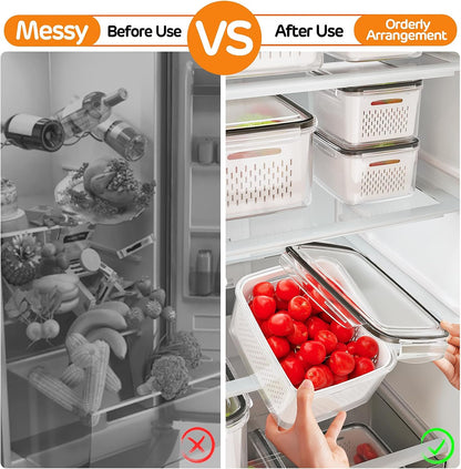 4 PCS Fruit Storage Containers for Fridge, Produce Containers for Fridge with Removable Colander, All-In-One Fruit Washing Bowl with Strainer Microwave/Dishwasher Safe for Salad Berry Lettuce Keeper