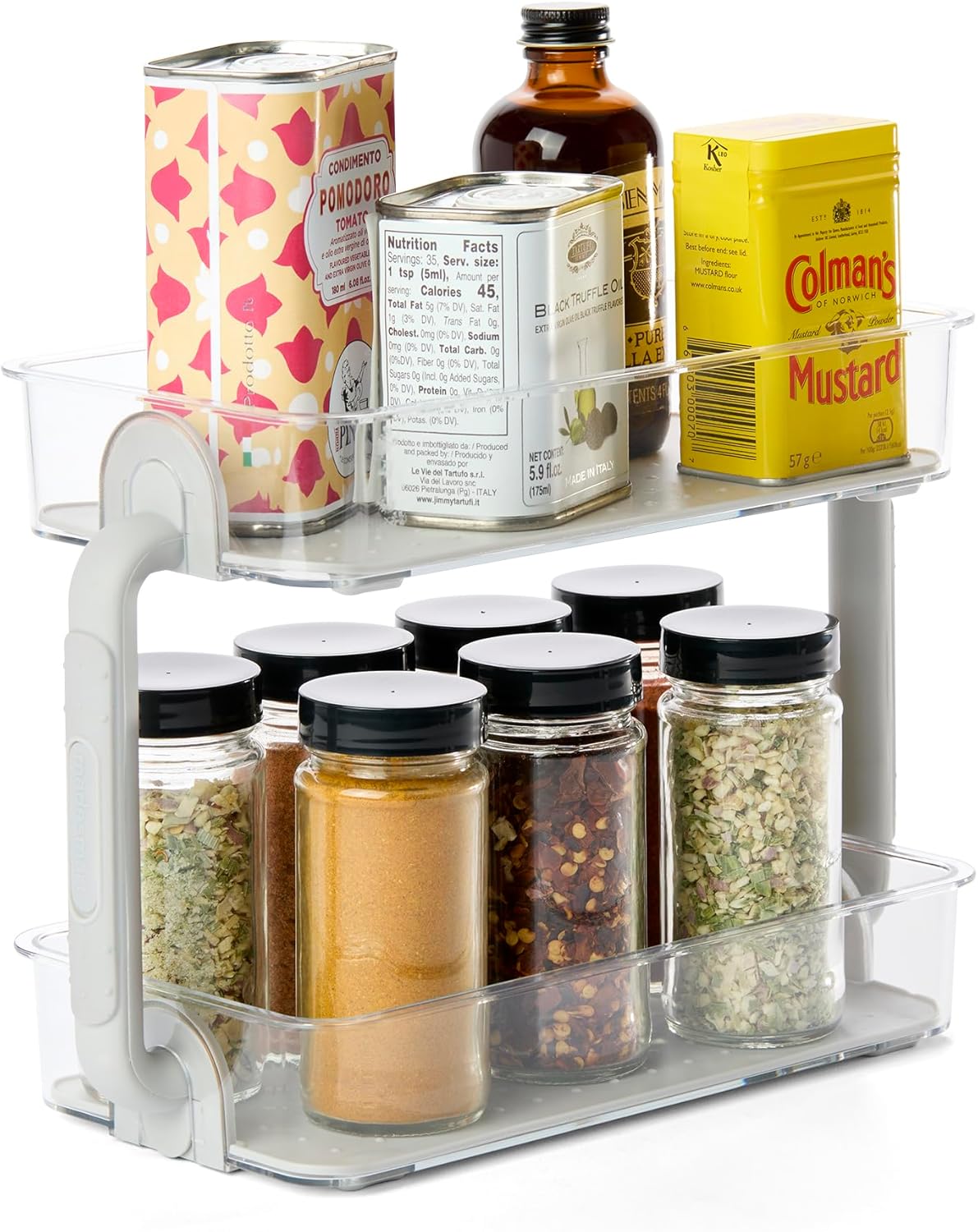 Tiered Spice Organizer, 8 Jars for Kitchen Essentials, Vertical Storage for Salt, Pepper, Cayenne, Soft-Grip Lining, Dual Handles, Grey