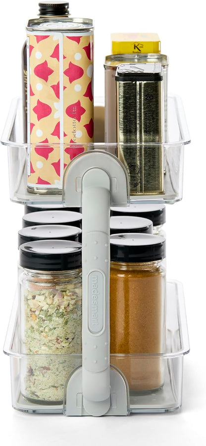 Tiered Spice Organizer, 8 Jars for Kitchen Essentials, Vertical Storage for Salt, Pepper, Cayenne, Soft-Grip Lining, Dual Handles, Grey