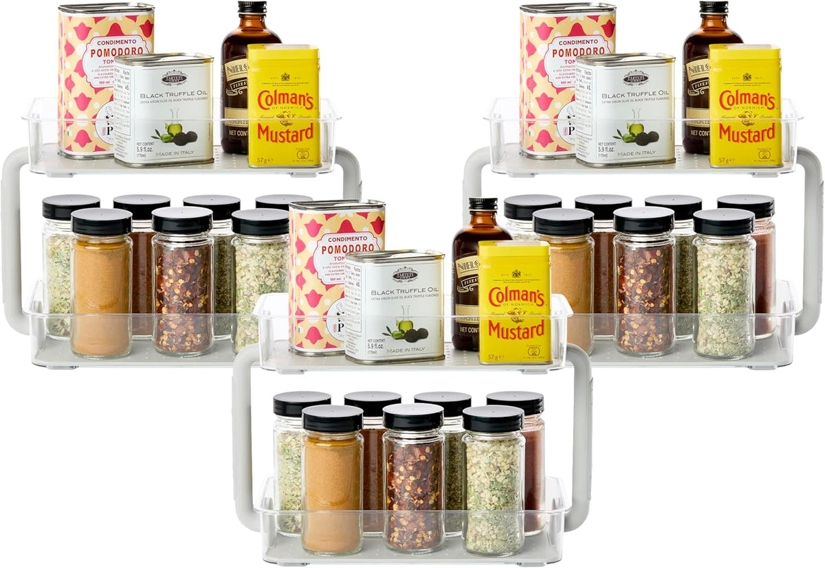 Tiered Spice Organizer, 8 Jars for Kitchen Essentials, Vertical Storage for Salt, Pepper, Cayenne, Soft-Grip Lining, Dual Handles, Grey