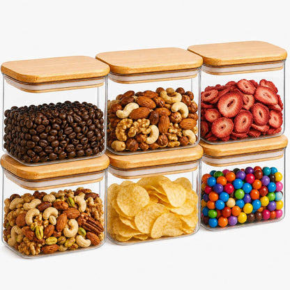 Glass Pantry Storage Containers (0.7qt/1.2qt/1.6qt) Set of 6 Jars | Glass Storage Containers with Lids, Rectangle Glass Canisters with Airtight Lids For Kitchen, Spices, Tea, Coffee, BPA Free
