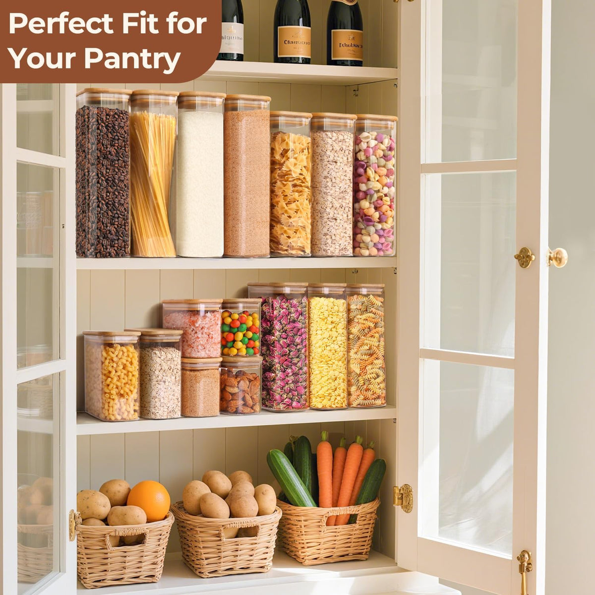 Glass Pantry Storage Containers (0.7qt/1.2qt/1.6qt) Set of 6 Jars | Glass Storage Containers with Lids, Rectangle Glass Canisters with Airtight Lids For Kitchen, Spices, Tea, Coffee, BPA Free