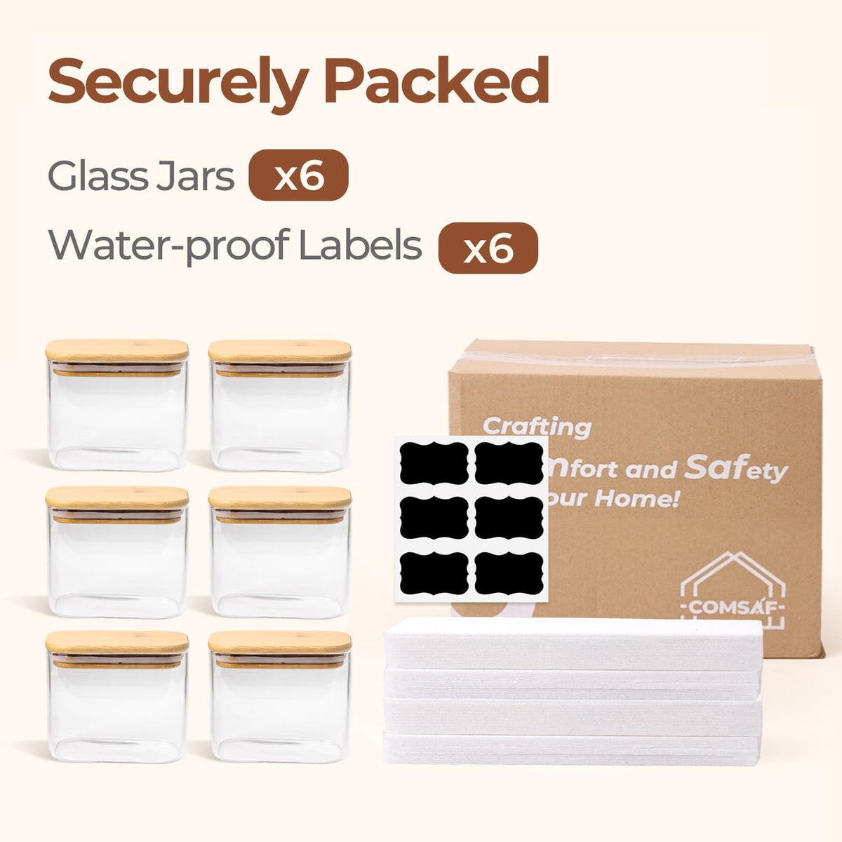 Glass Pantry Storage Containers (0.7qt/1.2qt/1.6qt) Set of 6 Jars | Glass Storage Containers with Lids, Rectangle Glass Canisters with Airtight Lids For Kitchen, Spices, Tea, Coffee, BPA Free