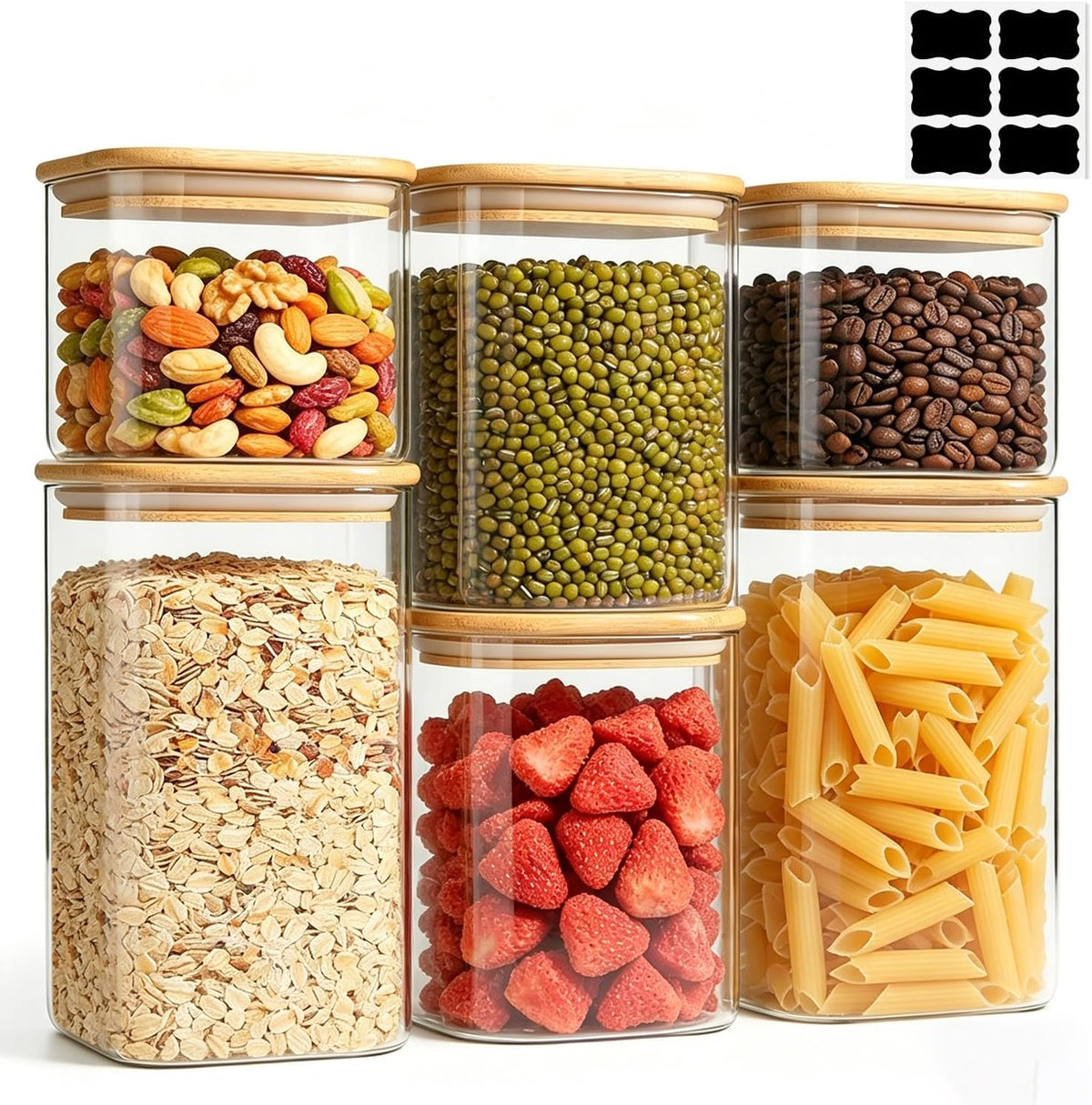 Glass Pantry Storage Containers (0.7qt/1.2qt/1.6qt) Set of 6 Jars | Glass Storage Containers with Lids, Rectangle Glass Canisters with Airtight Lids For Kitchen, Spices, Tea, Coffee, BPA Free