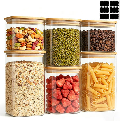 Glass Pantry Storage Containers (0.7qt/1.2qt/1.6qt) Set of 6 Jars | Glass Storage Containers with Lids, Rectangle Glass Canisters with Airtight Lids For Kitchen, Spices, Tea, Coffee, BPA Free
