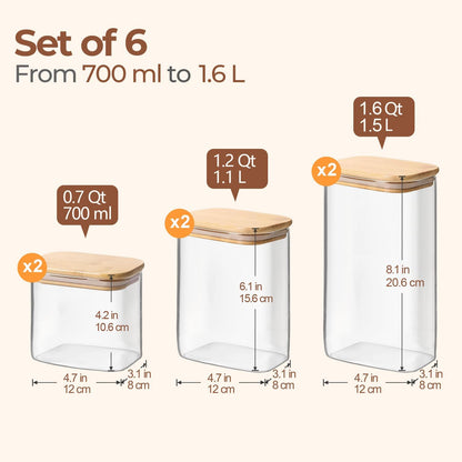 Glass Pantry Storage Containers (0.7qt/1.2qt/1.6qt) Set of 6 Jars | Glass Storage Containers with Lids, Rectangle Glass Canisters with Airtight Lids For Kitchen, Spices, Tea, Coffee, BPA Free