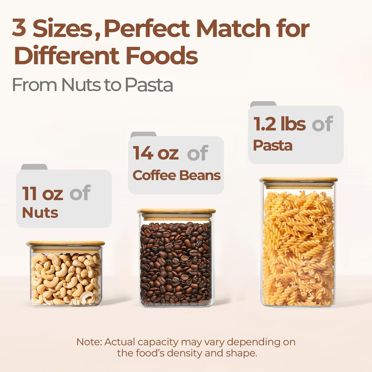 Glass Pantry Storage Containers (0.7qt/1.2qt/1.6qt) Set of 6 Jars | Glass Storage Containers with Lids, Rectangle Glass Canisters with Airtight Lids For Kitchen, Spices, Tea, Coffee, BPA Free