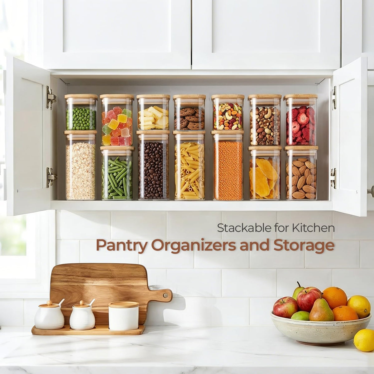 Glass Pantry Storage Containers (0.7qt/1.2qt/1.6qt) Set of 6 Jars | Glass Storage Containers with Lids, Rectangle Glass Canisters with Airtight Lids For Kitchen, Spices, Tea, Coffee, BPA Free