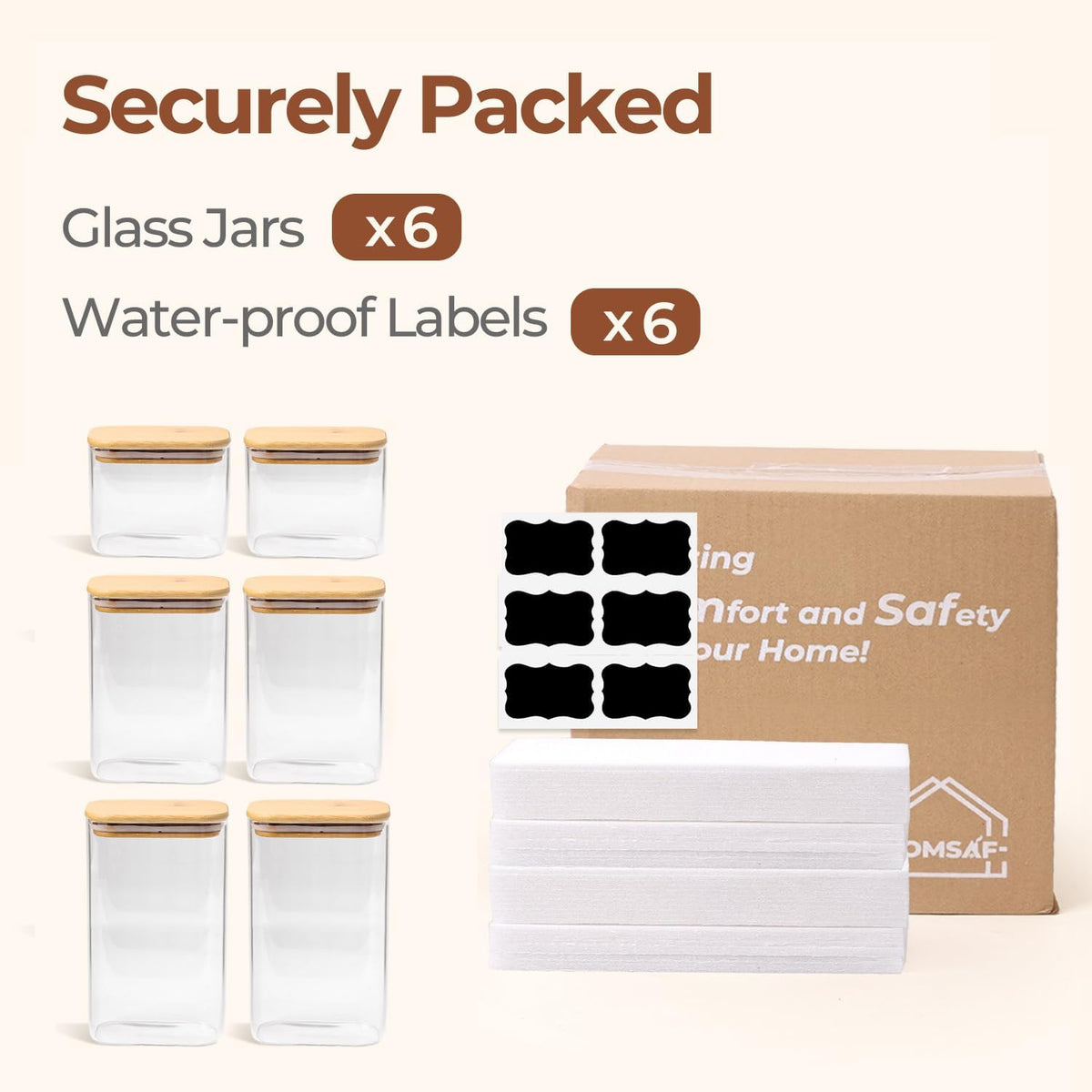 Glass Pantry Storage Containers (0.7qt/1.2qt/1.6qt) Set of 6 Jars | Glass Storage Containers with Lids, Rectangle Glass Canisters with Airtight Lids For Kitchen, Spices, Tea, Coffee, BPA Free