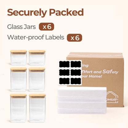 Glass Pantry Storage Containers (0.7qt/1.2qt/1.6qt) Set of 6 Jars | Glass Storage Containers with Lids, Rectangle Glass Canisters with Airtight Lids For Kitchen, Spices, Tea, Coffee, BPA Free