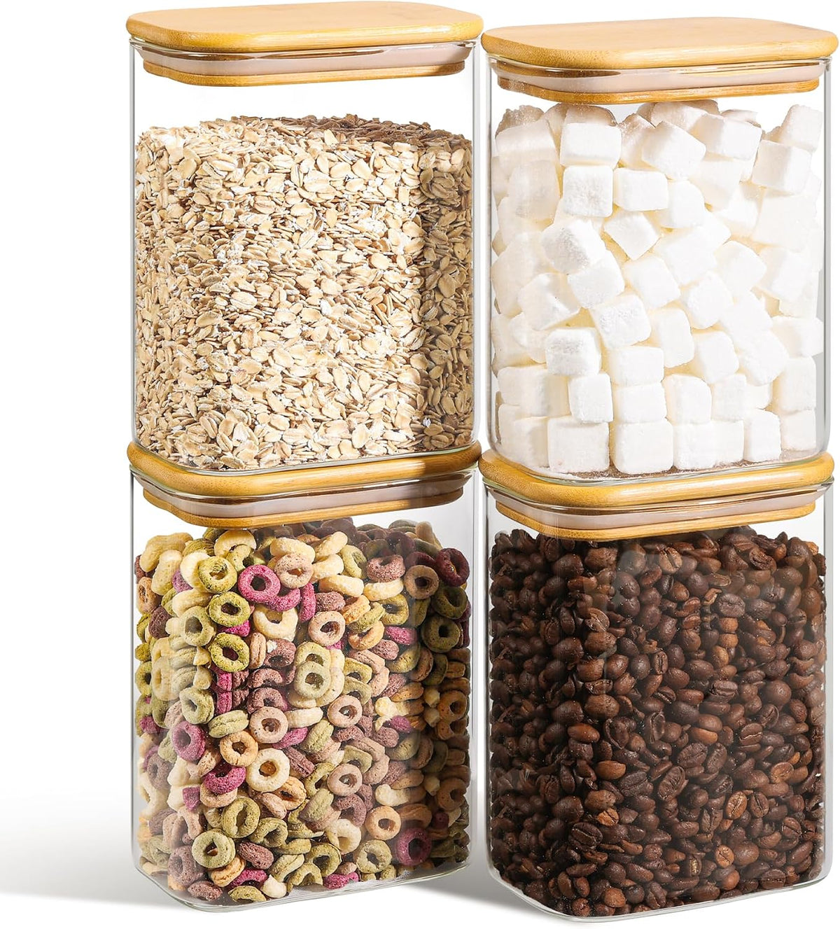 Glass Pantry Storage Containers (0.7qt/1.2qt/1.6qt) Set of 6 Jars | Glass Storage Containers with Lids, Rectangle Glass Canisters with Airtight Lids For Kitchen, Spices, Tea, Coffee, BPA Free